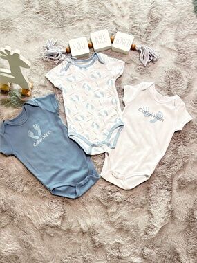 Calvin Klein Baby 3-Pack Short-Sleeve One-Pieces in Blue and White